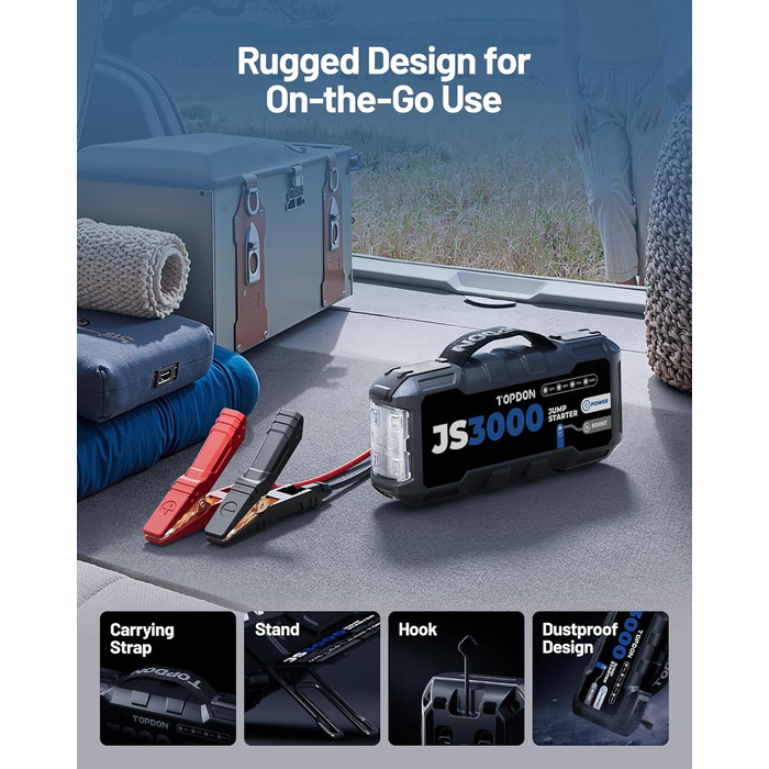 TOPDON JS3000 Powerbank-пускозарядний пристрій для авто, 24000mAh, 3000A, сумісний з бензиновими (9L) та дизельними (7L) двигунами, вбудований LED, EVA-сумка