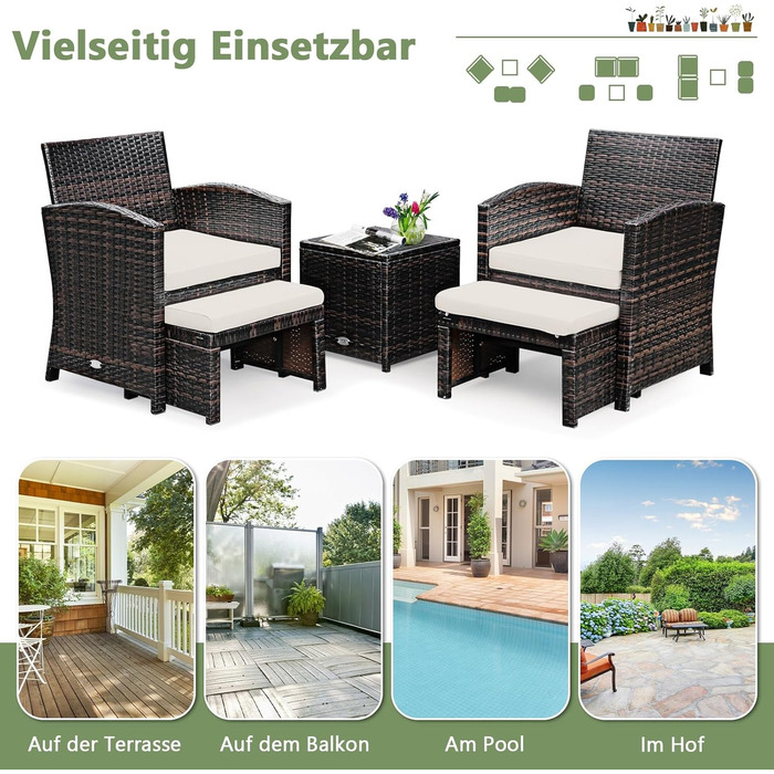 Садовий набір меблів GIANTEX 5 предметів ротанг: 2 крісла, 2 пуфи, столик - для балкона та саду з білими подушками