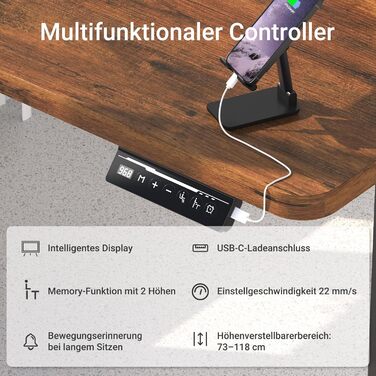 Регульований стіл з USB-C зарядкою 140 x 60 см, функція пам'яті. Стабільний електричний стіл, стоп-стіл, регульований комп'ютерний стіл (Колір: Коричневий, Розмір: 200 x 80 см)