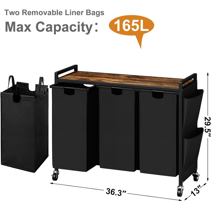 WOWLIVE Подвійний кошик для білизни з кришкою, на коліщатках, з металу, сортувальник для білизни з верхньою полицею та 2 знімними мішками, великий органайзер для одягу, (165л, Чорний)