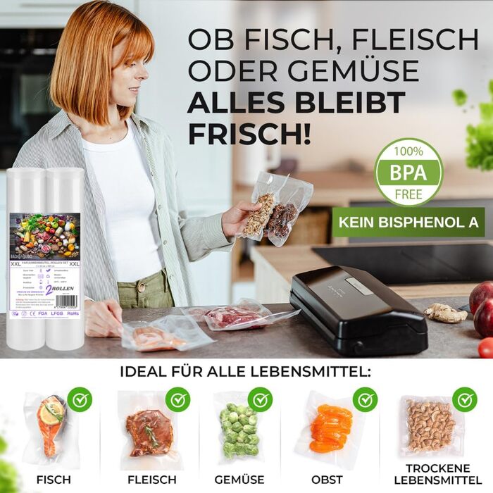 Вакууматор для продуктів BACHWERKE з шириною шва 32 см, вакуумний пакувальник з запасним різаком, рулоном плівки та 10 пакетами XXL