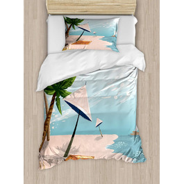 Острів Набір підковдр для односпальних ліжок, пляжний пейзажний рай, захист від кліщів Алергіки Підходить з наволочкою, 130 x 200 см - 70 x 50 см, блідо-блакитний Off White