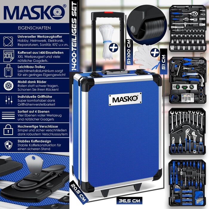Набір інструментів MASKO 1400 предметів в алюмінієвому кейсі на колесах | Професійний інструментальний візок для дому, авто, хобі та майстерні (Синій)