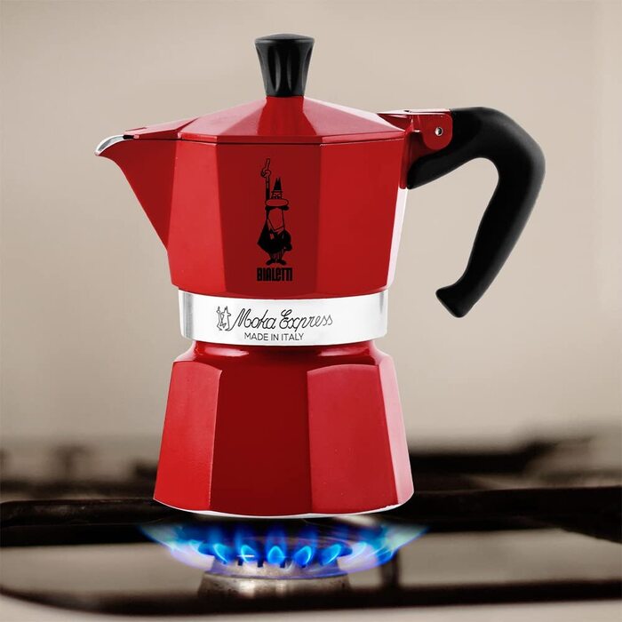 Культова еспресо-машина для приготування справжньої італійської кави, кавник Moka(130 мл), алюмінієвий, (1 чашка, червоний)