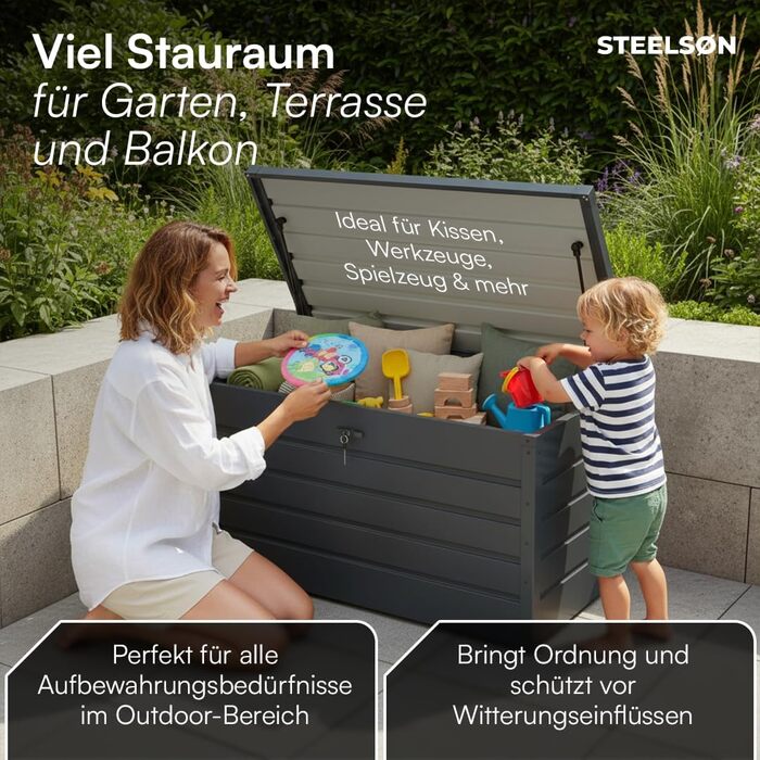 Скриня садова металева Steelsøn Dorado 350л антрацит, водонепроникна, з замком та відкидною кришкою для тераси, балкону, саду 120x62x63 см