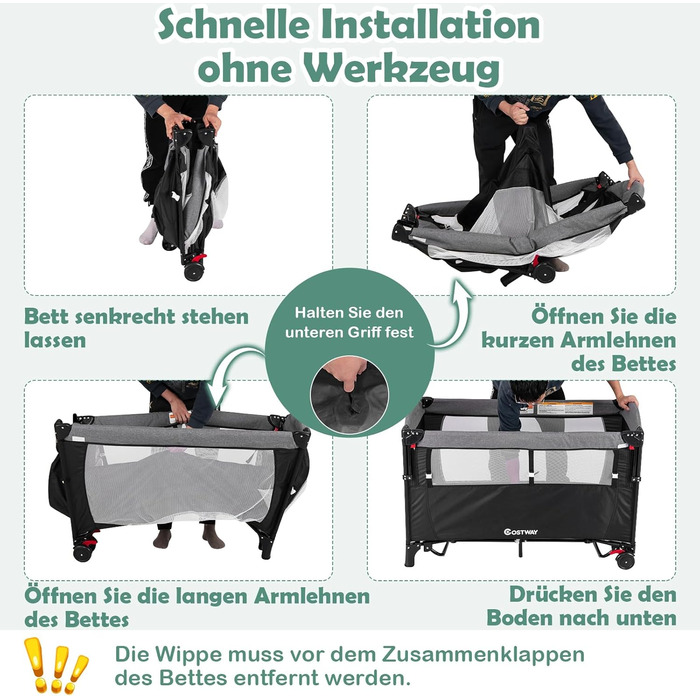 Дитяче ліжко-манеж COSTWAY 120x60 см, 2 рівні, з матрацом, пеленальним столиком, іграшками та музичною шкатулкою, мобільний, регульований, для дітей до 15 кг