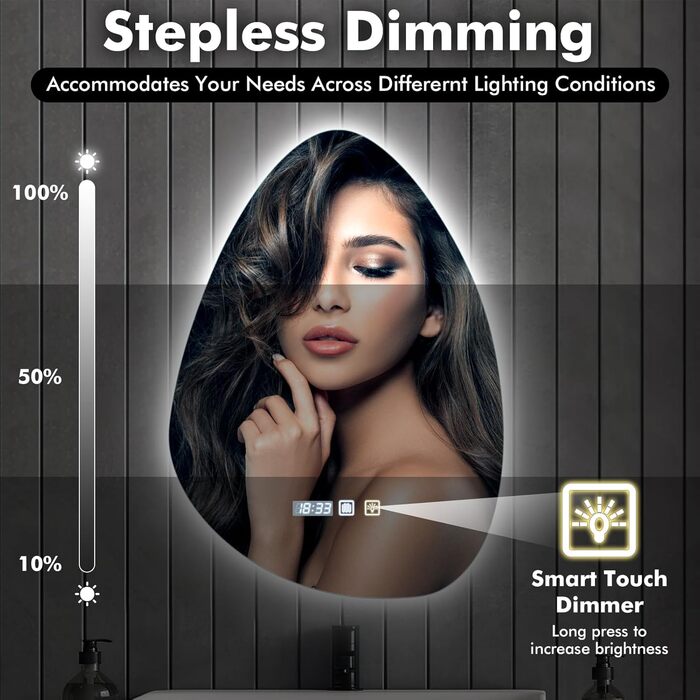 Круглий дзеркало для ванної кімнати з підсвічуванням, 60 см, антизапар, LED, Bluetooth, сенсорне управління, 3000K-4000K-6500K, регулювання яскравості, HD-загартоване скло, дзеркало для ванної кімнати з підсвічуванням (500x700 мм, краплеподібної форми)