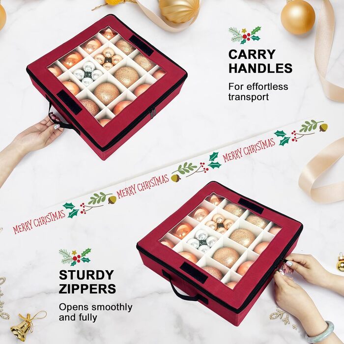 Коробка для прикрас на ялинку VERONLY з перегородками, складана, з ручками та кришками (4 шт., червона)