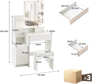 Тюльпанний туалетний столик TUKAILAI з LED-підсвічуванням та пуфом, дзеркало з 3 кольорами, компактний столик для макіяжу з шухлядою та відкритими полицями, 87x40x149 см