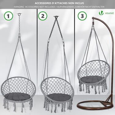 Підвісне крісло-гойдалка VOUNOT з полицею для книг та подушкою, для дому та саду, діаметр сидіння 80 см, X-Large, сірий колір