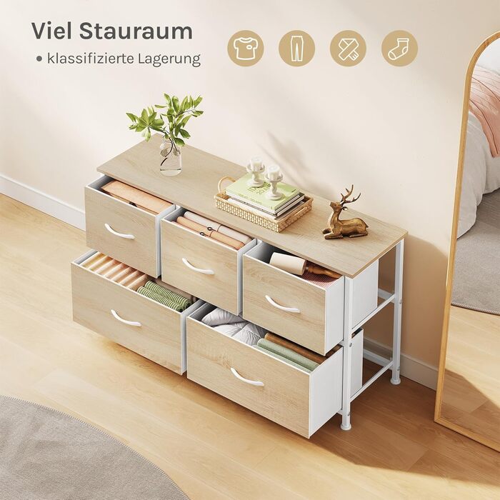 Комод WOLTU з 5 висувними ящиками з тканини, шафа-комод, тумба під TV, для вітальні, спальні, передпокою, з металевим каркасом та ДСП, білий, SSK005ws, білий (світлий дуб + білий, 5 тканинних ящиків)