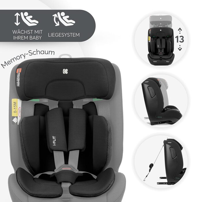 Автокрісло KikkaBoo i-Size i-FLIT 9-36 кг ISOFIX, група 1/2/3, 15 місяців - 12 років, з системою SPS, Top Tether, регульованою підголівником (чорне)
