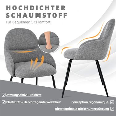 Набір обідніх стільців з підлокітниками – ергономічні м'які стільці, сучасні кухонні стільці з льоновим покриттям та металевими ніжками, для вітальні, обідньої кімнати, кухні, бежевий (2 шт., льон світло-сірий)