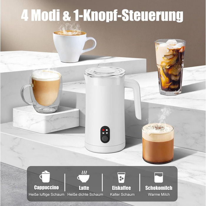 Електричний спінювач молока 400 мл 4-в-1 для гарячого та холодного молока, автоматичне вимкнення, для капучіно, лате макіато
