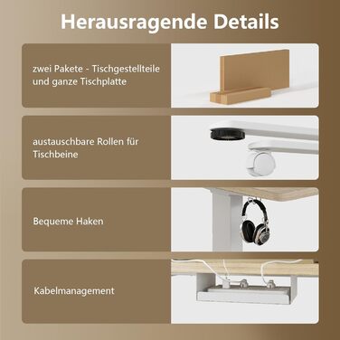 Регульований стіл, 160x80 см, електричний стоячий стіл з подвійним мотором, сенсорна панель, USB-A, кабелеуправління, стільниця 25 мм, ергономічний офісний стіл, білий