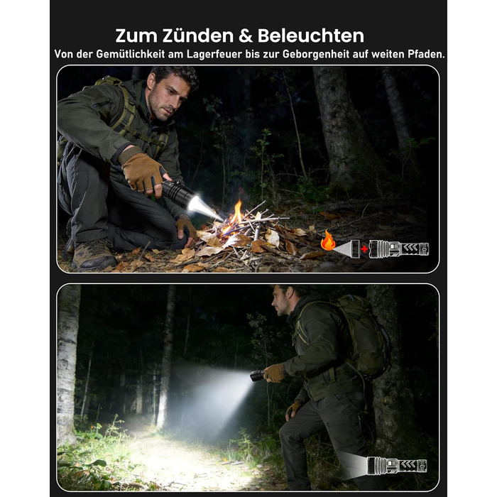 Потужний тактичний ліхтарик Shadowhawk LED 1 000 000 Лм, 50Вт, акумулятор 6000mAh, дальність 1000м, LCD-дисплей, функція розпалювання вогню, чорний — для кемпінгу та виживання