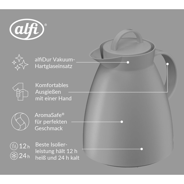 Термос Alfi DAN 1.0 л, пудрово-рожевий, з термоізоляційним корпусом з пластику та скляною вставкою, з кришкою-поворотом, дизайнерський, ідеальний для кави та чаю, BPA-free (без фільтра для чаю), Graphite Grey