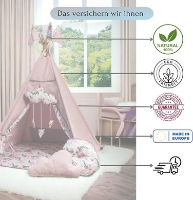 Дитячий намет-тіпі з килимком, подушкою та м'ячами - Тіпі для дитячої кімнати, ігровий будиночок для дівчаток, намет-тіпі для дітей, ігрові прилади для дому - Рожевий сад