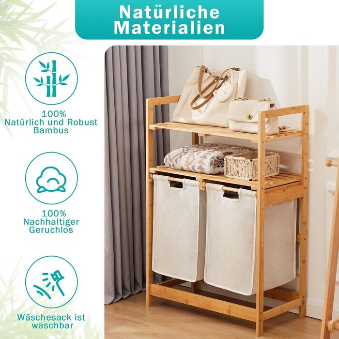 Кошик для білизни YOUDENOVA з бамбукового каркасу, 2 відділення, 2 висувні мішки для білизни, 93x64x33 см, слонова кістка, 70 л