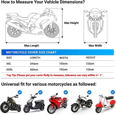 Чохол для мотоцикла Favoto, чохол для мотоцикла на відкритому повітрі, в приміщенні, захист від дощу, захист від снігу, захист від пилу з відбиває смугою для замкової щілини, Чорний, XXL, 245x105x125 см (сріблястий)