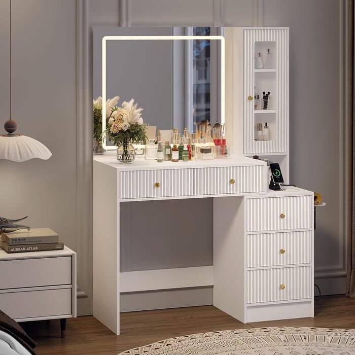 Дзеркальний туалетний столик Belife з підсвічуванням та 7 шухлядами, з розеткою та 3 кольорами світла для спальні (V3)