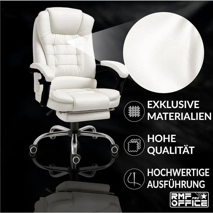 Ергономічне крісло для офісу RMF, регульоване, зручне та розслаблююче - крісло з підніжкою, обертається, регулюється по висоті, біле