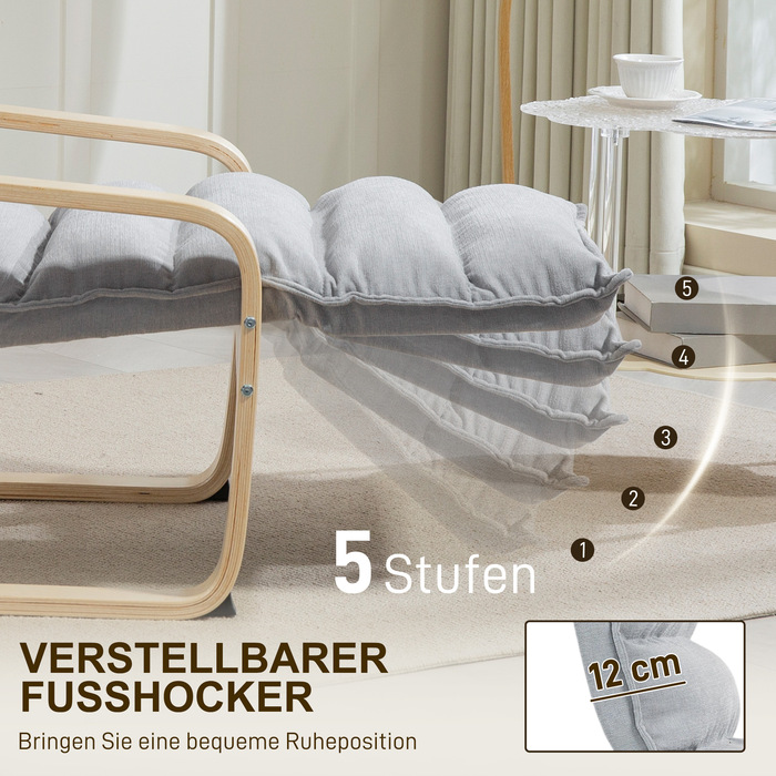 Крісло-релакс з берези, м'яке крісло з регульованою підніжкою, сучасне крісло з підлокітниками, світло-сіре