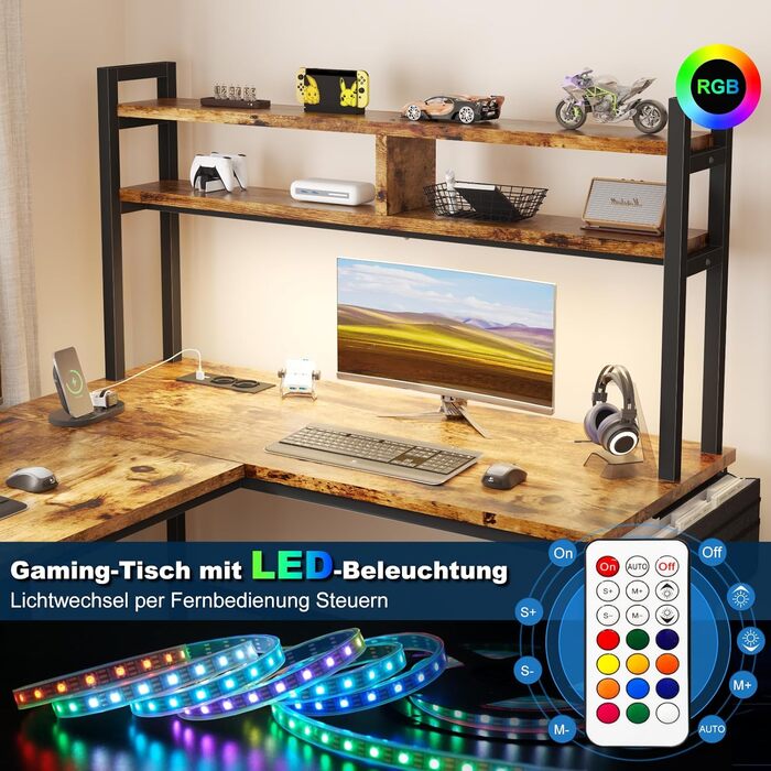 Ігровий стіл Devoko з підсвічуванням LED, 160x120 см, з розетками та USB, вінтажний коричневий. Комп'ютерний стіл з місцем для зберігання для геймерів та дому