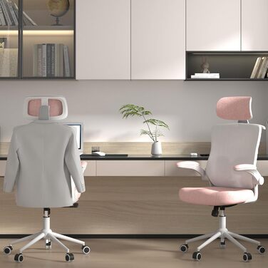 Ергономічне крісло для офісу з регульованою підголівником та поперековою підтримкою – високе офісне крісло з сітчатим спинком та м'яким сидінням, вішалка для одягу та функцією блокування (білий та рожевий)