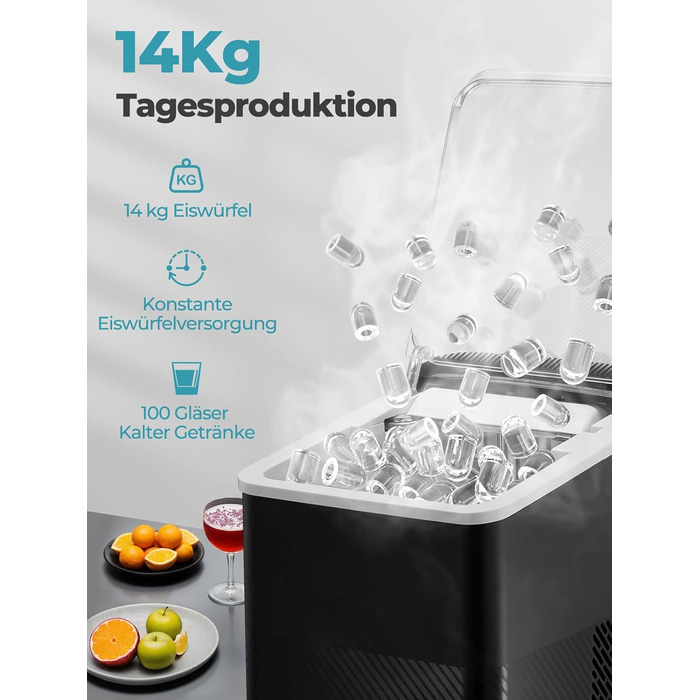 Льодогенератор Fohere портативний самоочисний, 14 кг/24 год, 2 розміри льоду, компактний, чорний - для дому, бару, офісу, кемпінгу