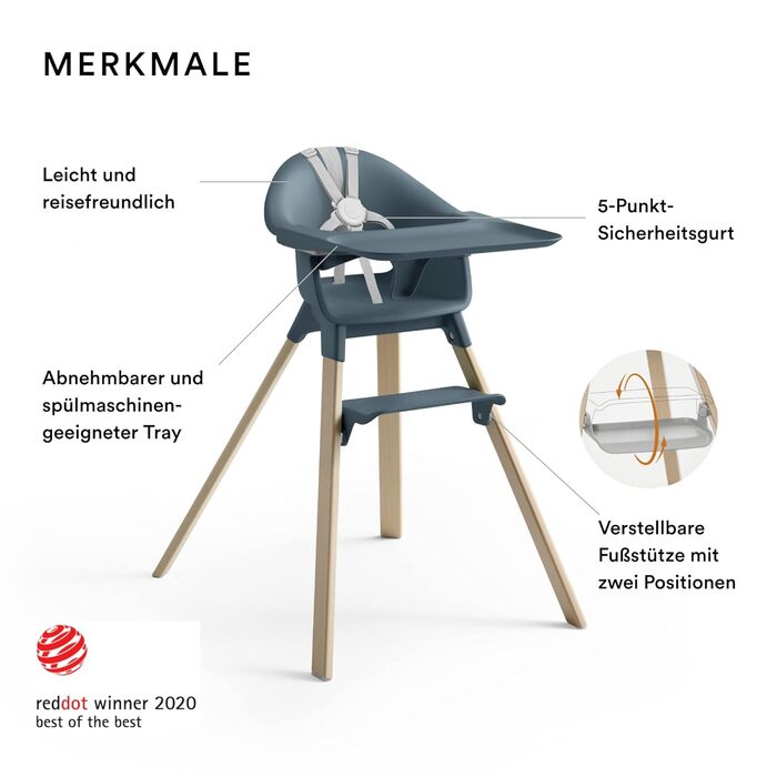 Дитячий стільчик Stokke Clikk, Fjord Blue – комплект з підносом та ременем безпеки, ергономічний, регульований, 6-36 місяців, до 15 кг