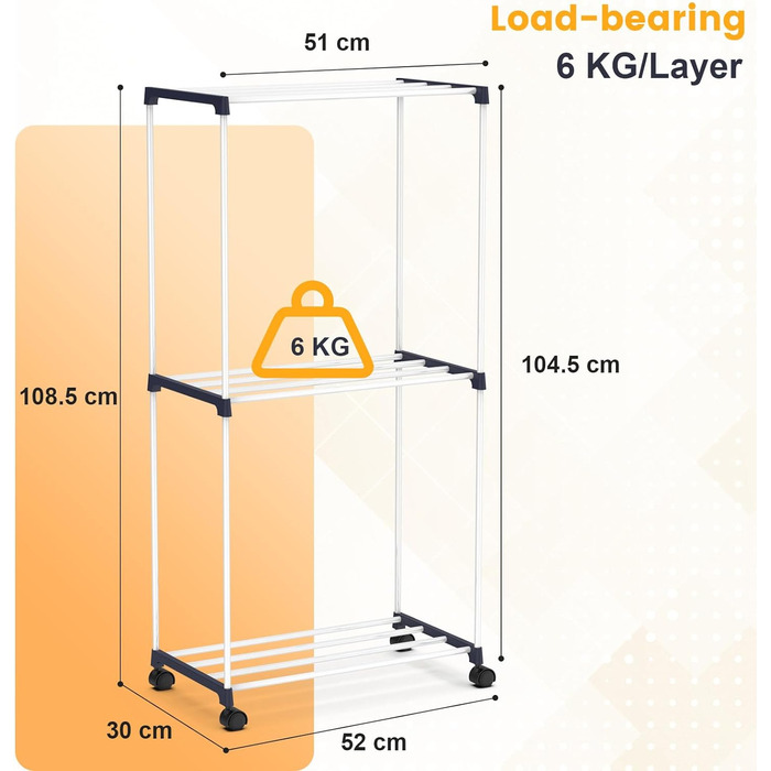 Сушильна стійка johgee, окремо стояча вішалка для рушників, компактна сушарка з колесами, 3 яруси