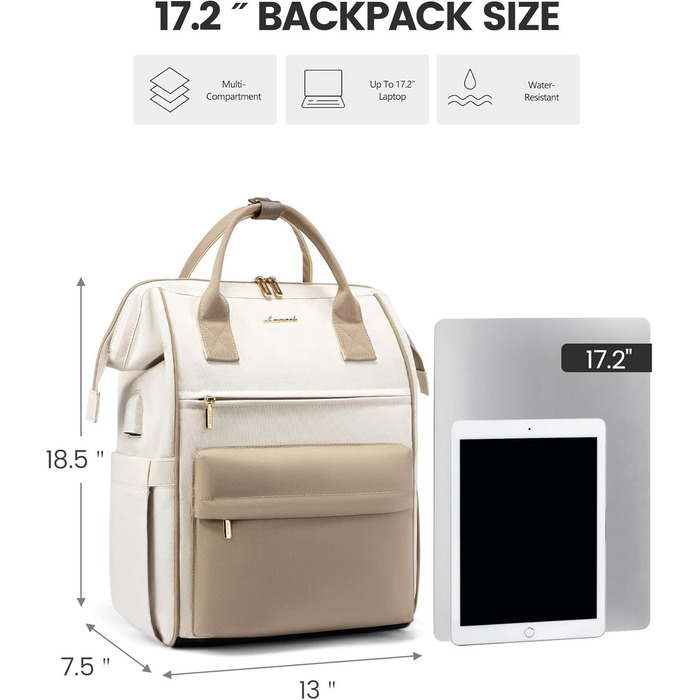 Сумка-рюкзак LOVEVOOK для жінок, велика, 17.3 дюйми, для ноутбука, роботи, подорожей, школи, університету, офісу, водовідштовхувальний, бежевий