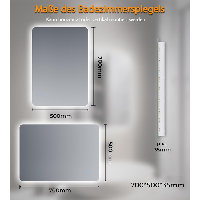 Дзеркало для ванної кімнати зі підсвічуванням SVNR, 70 x 50 см, LED, бездоганне покриття, сенсорне керування, регулювання кольору 3000K-6400K, з синім підсвічуванням