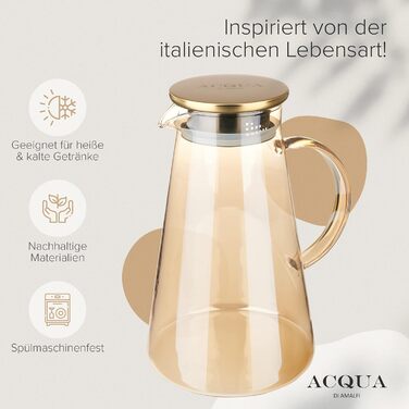 Скляна карафа ACQUA DI AMALFI® 2 літри з нержавіючою сталлю/бамбуком, для води та фруктів, витоки неможливі, також як чайник (Золото/Бамбук)
