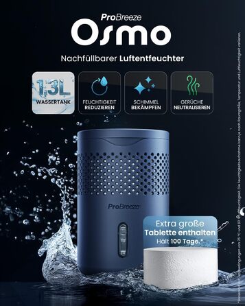 Pro Breeze Osmo: Безшумний та перезаповнюваний осушувач повітря для дому, спальні, шафи, авто. Таблетка 700г (до 100 днів). Колір: Marineblau (Морський синій)