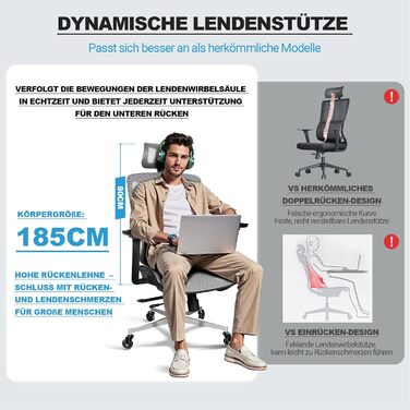 Ергономічне крісло для офісу та дому, 4D підлокітники, регулювання глибини сидіння, 4-рівневий нахил, гумові колеса, сітчасте сидіння, висока спинка, для великих людей, Homeoffice & Gaming (Сірий, сітчасте сидіння)