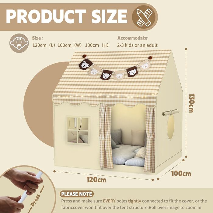 Дитячий намет-будиночок для гри в приміщенні з LED-підсвіткою та декором ведмедика, дитячий намет-ліжко, ігровий намет для дому, намет принцеси з вікнами, декор для дитячої кімнати, намет для читання та дитячий будиночок