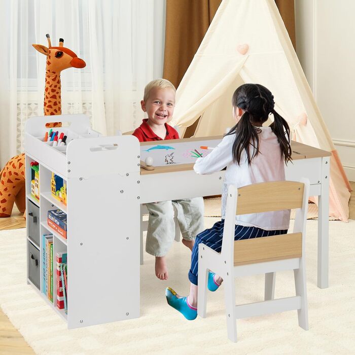 Детский стол Dreamade 3 в 1 с 2 стульями из дерева, стол для рисования с откидной столешницей и 2 тканевыми ящиками & рулон бумаги, детская мебель с хранением для детской комнаты (Натуральный, с 7 секциями)