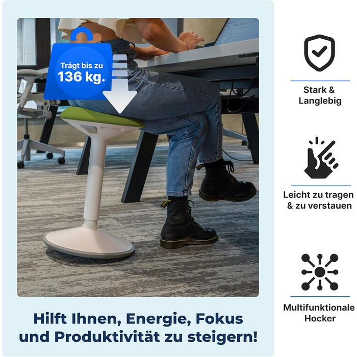 Ергономічний стілець-хокер для офісу та дому, регульована висота 55-80 см, зелений, з ефектом балансування