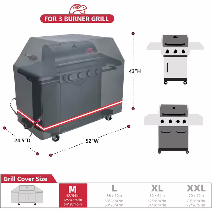 Чохол для гриля Turtle Life 52'' водонепроникний, для газових грилів Weber, Char-Broil, 3 пальники, чорний, преміум-якість
