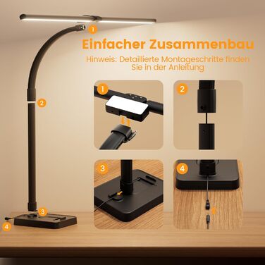 LED настільна лампа Doppelkopf з регулюванням яскравості, 24W, 80см, з кріпленням, денне світло, гнусий шийка, для офісу, захист очей, з підставкою для телефону, чорна