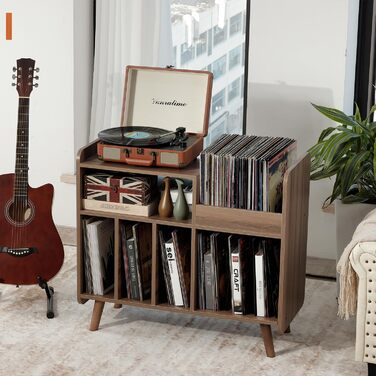 Стіл для програвача, стійка для програвача середини століття з місцем для зберігання до 350+ платівок, шафа для вінілових платівок з регульованими полицями, горіх