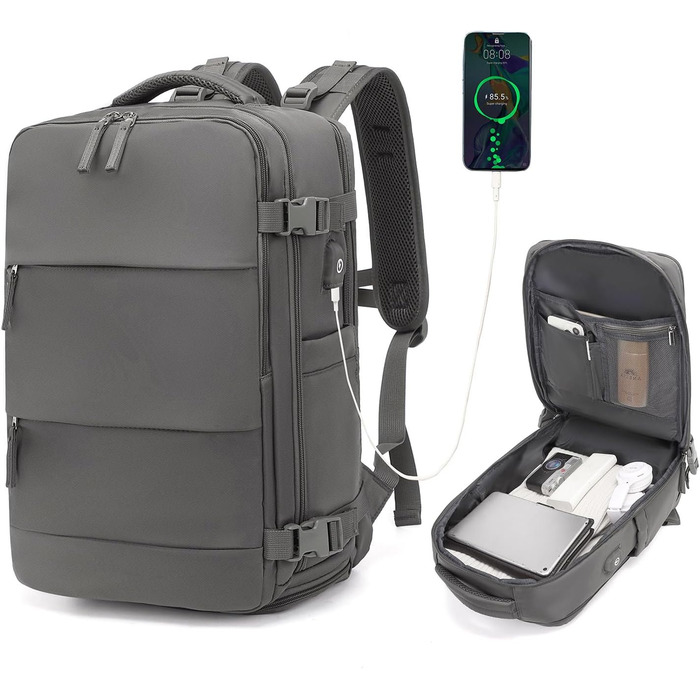 Рюкзак KONO для ручної поклажі 42x30x20, 25L, з відділом для ноутбука, сірий, для подорожей та спорту