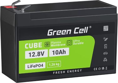 Акумуляторна батарея Green Cell LiFePO4 12 В, BMS, 10 років, для автофургону / човна / гольфу / сонячної батареї / кемпінгу (10 Ач 128 Втгод)