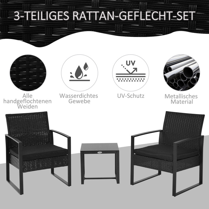 Садовий набір Outsunny Poly Rattan для 2 осіб Набір балконних меблів з подушками чорний, стійкий до погодних умов і сучасний для патіо та саду