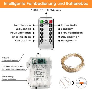 Ланцюжок прикрас з LED-лампочками, 100 LED, 10 м, 8 режимів, пульт дистанційного керування, таймер, теплий білий, диммування, акумуляторний, водонепроникний, для святкування Різдва