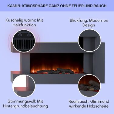 Електрокамін Klarstein Light & Fire 2 Smart, 2000 Вт, LED-імітація полум'я, настінний, з дистанційним керуванням і таймером, енергозберігаючий, чорний, корпус MDF