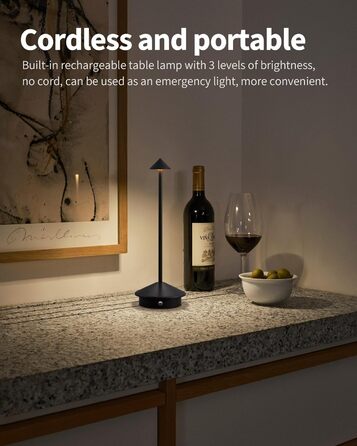 Mini LED-лампа настільна бездротова, акумуляторна, 4000 mAh, регулювання яскравості, для спальні, кухні, кафе, кемпінгу, чорна, 2 шт.
