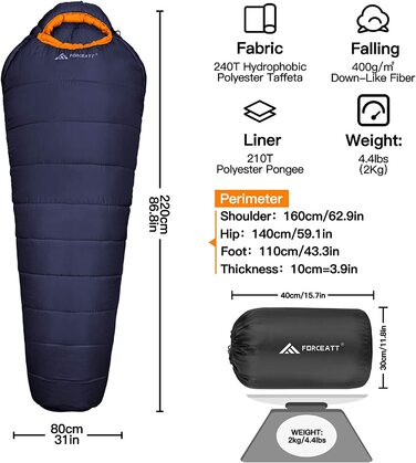 Спальний мішок Forceatt -10C15C 4 Сезони, зимовий спальний мішок для мумій для дорослих, водонепроникний, Ультралегкий спальний мішок для активного відпочинку